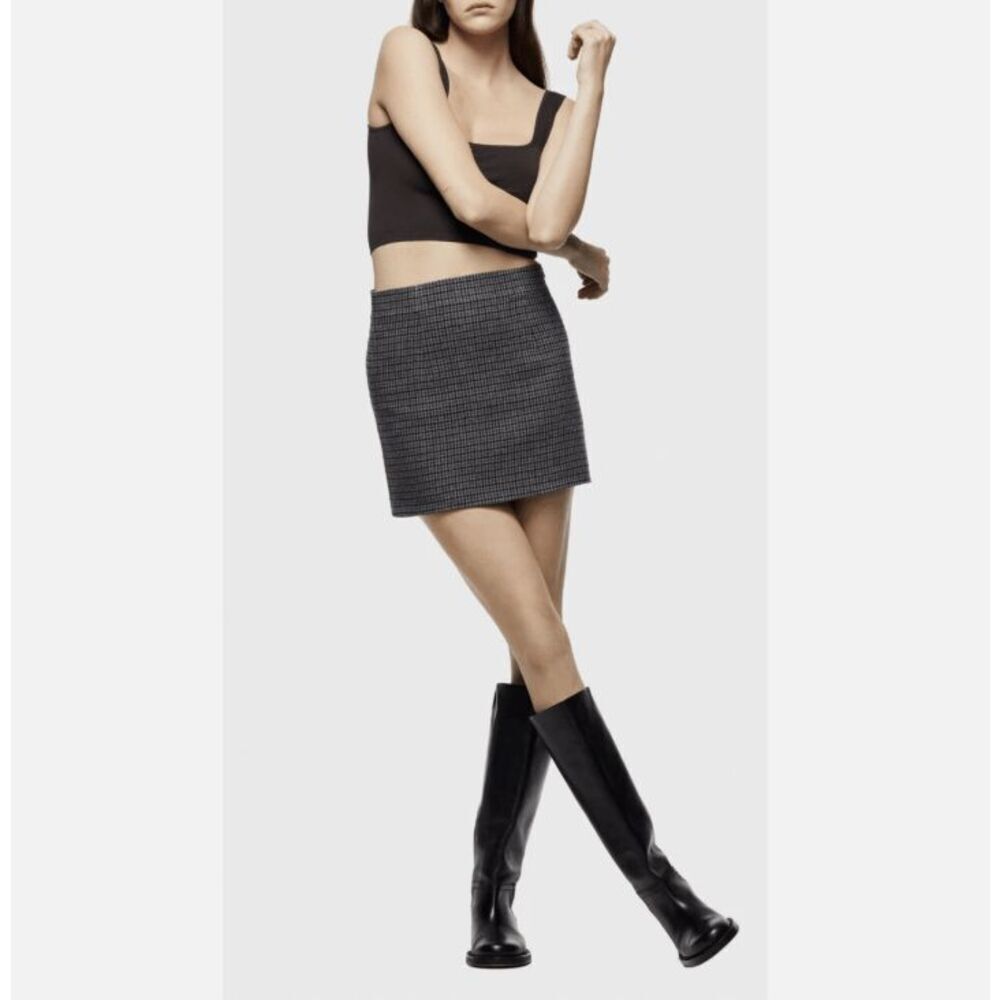 ZARA Houndstooth Mini Skirt Side Zip Black Gray Red Small Checkered‎ Plaid Skirt